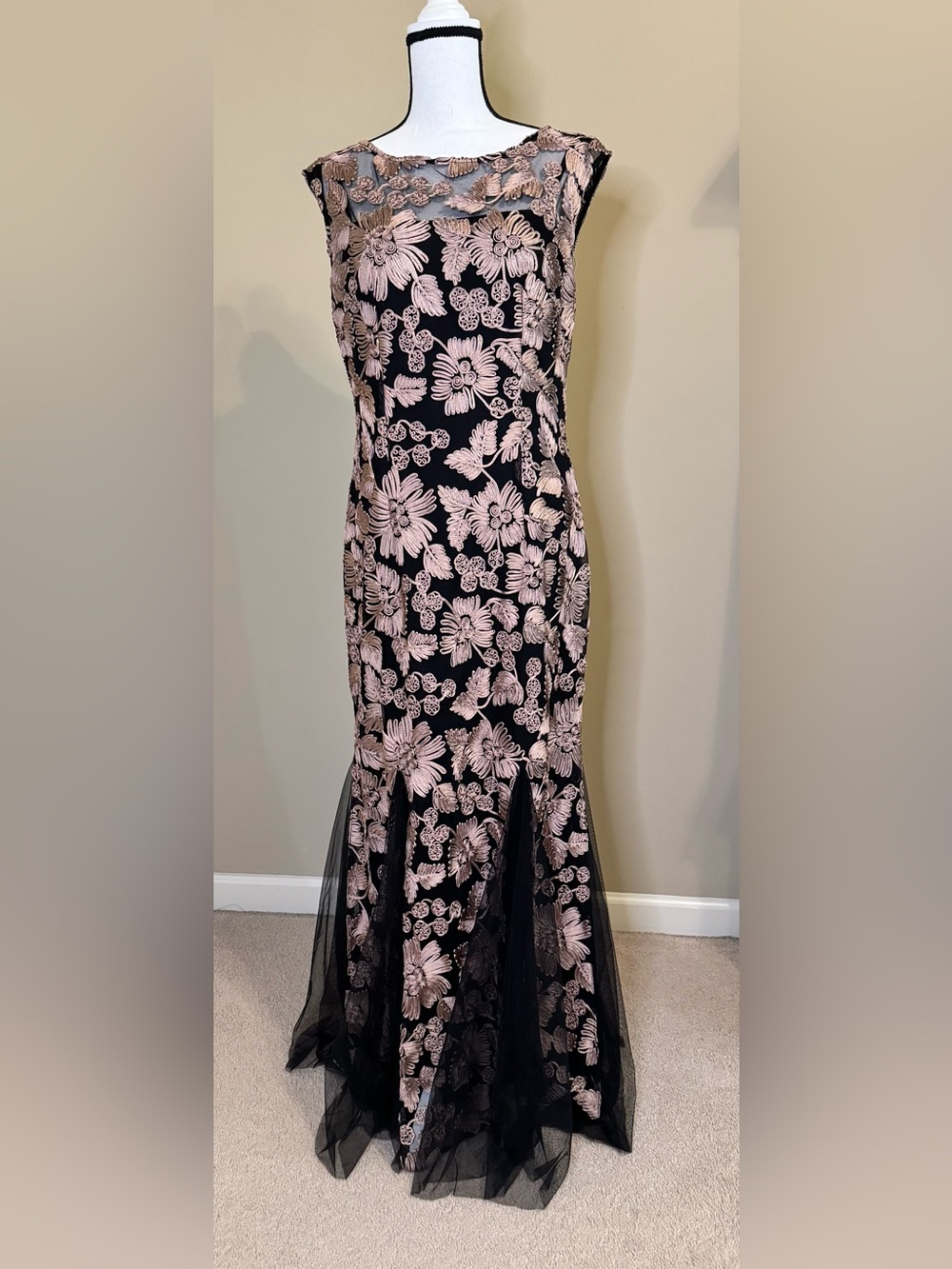 Alex Evenings Black Gown with Floral Overlay